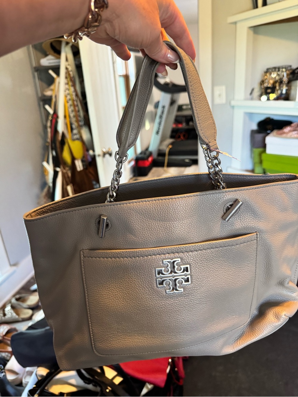 Tory Burch Gray Pebbled Leather Tote with Chain Handles